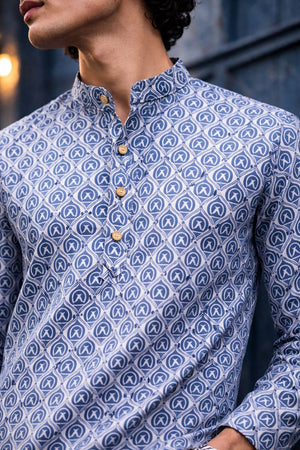 Mens Blue Printed Linen Kurta Top (ACA6244)