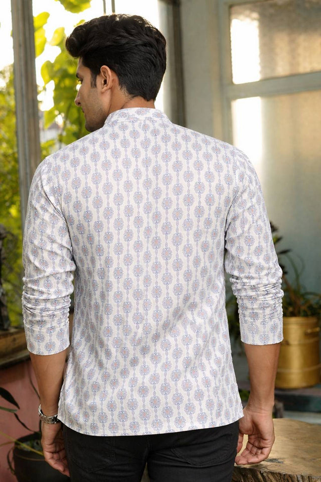 Mens White Printed Linen Kurta Top (ACA6245)