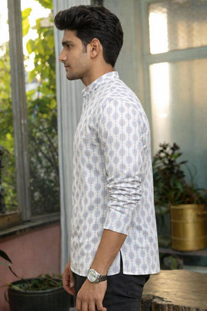 Mens White Printed Linen Kurta Top (ACA6245)