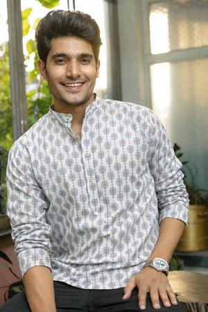 Mens White Printed Linen Kurta Top (ACA6245)