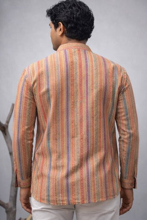 Mens Orange Printed Linen Kurta Top (ACA6246)