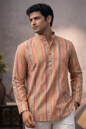 Mens Orange Printed Linen Kurta Top (ACA6246)