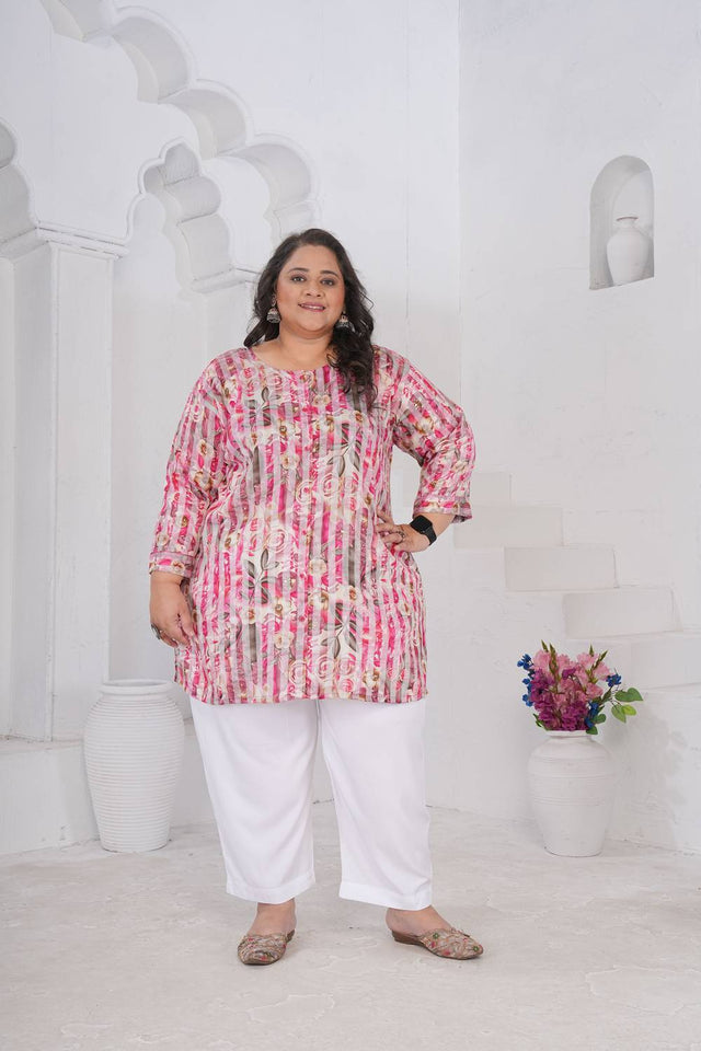 Pink Floral Printed Rayon Short Kurtis (ACA6248)