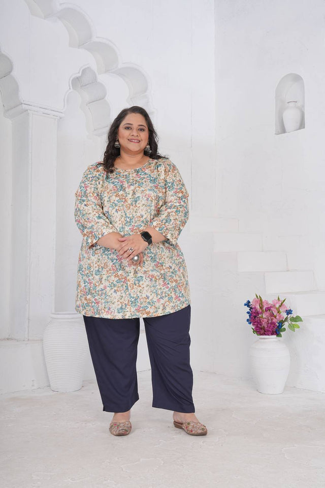 Off White Floral Printed Rayon Short Kurtis (ACA6249)