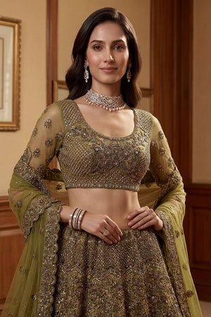 Green Sequin with Floral Embroidered Net Lehenga (ACA6258)