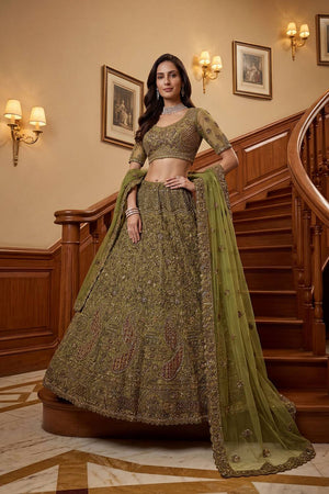 Green Sequin with Floral Embroidered Net Lehenga (ACA6258)