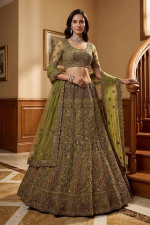 Green Sequin with Floral Embroidered Net Lehenga (ACA6258)