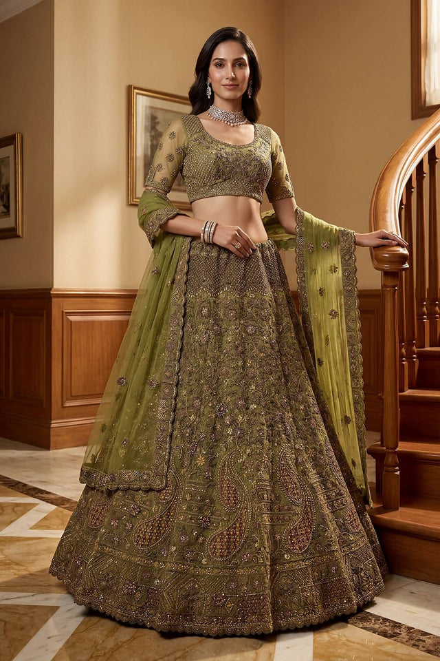 Green Sequin with Floral Embroidered Net Lehenga (ACA6258)