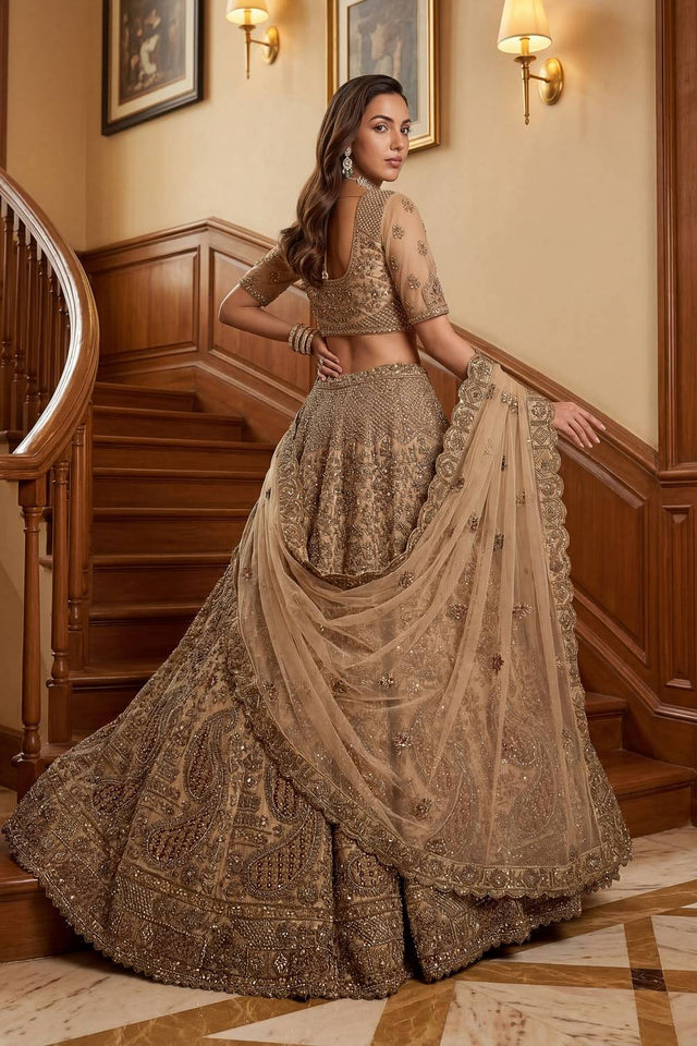 Beige Sequin with Floral Embroidered Net Lehenga (ACA6260)
