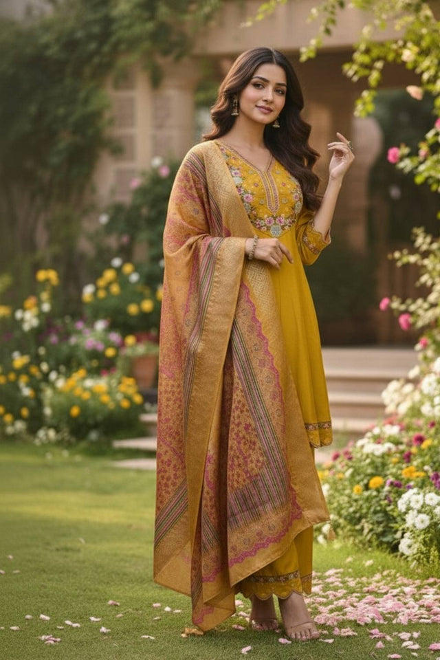 Mustard Floral Embroidered Cotton Blend Kurti Pant Set (ACA6291)