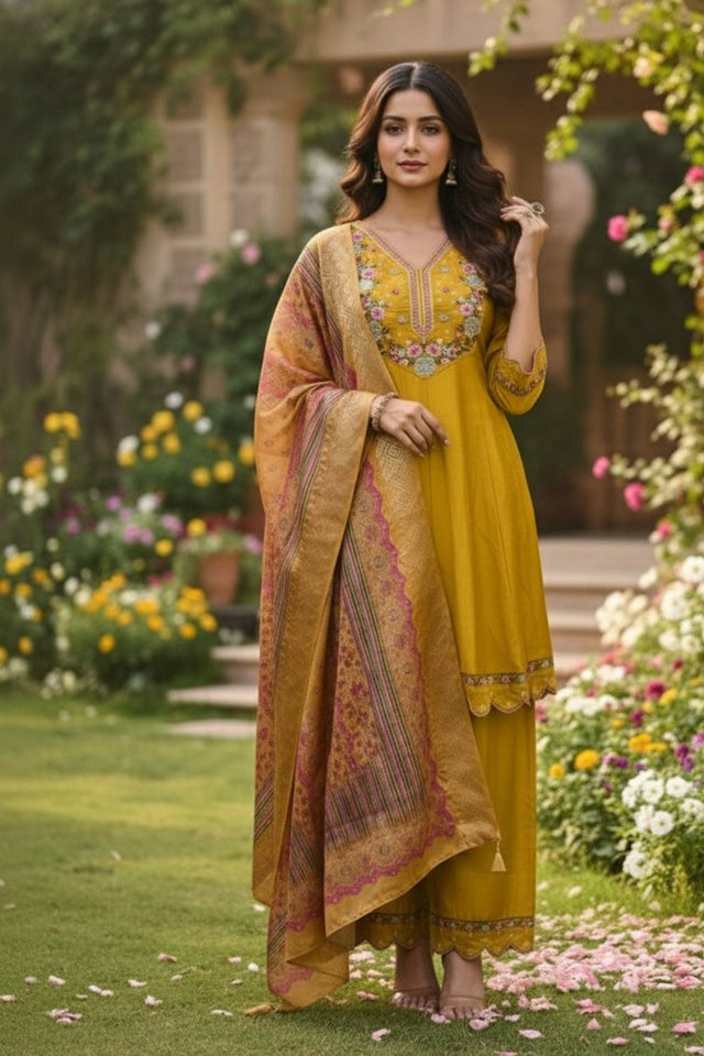 Mustard Floral Embroidered Cotton Blend Kurti Pant Set (ACA6291)
