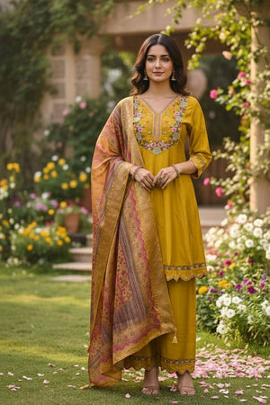 Mustard Floral Embroidered Cotton Blend Kurti Pant Set (ACA6291)