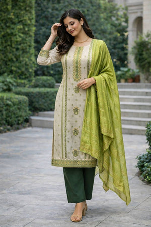 Off White Embroidered Jacquard Kurti Pant Set (ACA6292)