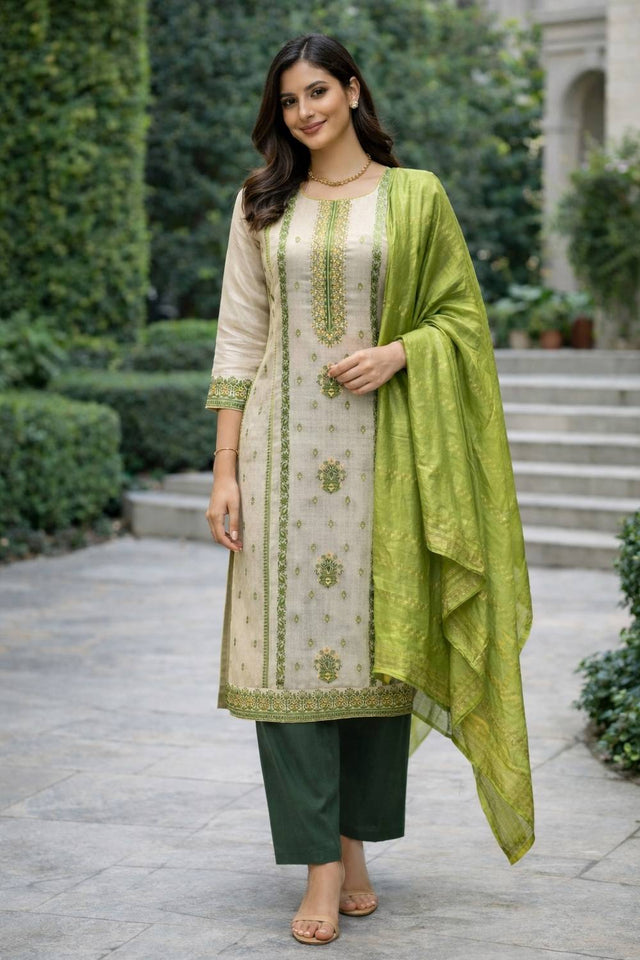 Off White Embroidered Jacquard Kurti Pant Set (ACA6292)