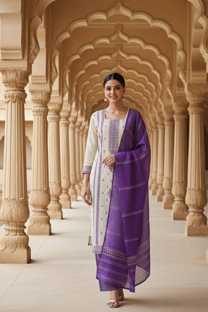 Off White Embroidered Jacquard Kurti Pant Set (ACA6293)