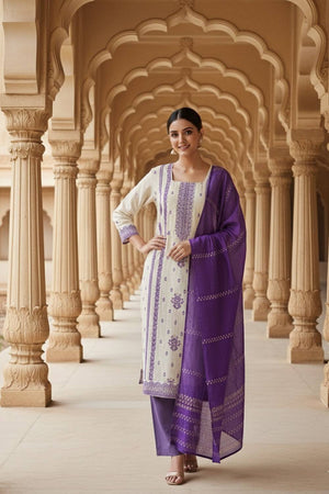 Off White Embroidered Jacquard Kurti Pant Set (ACA6293)