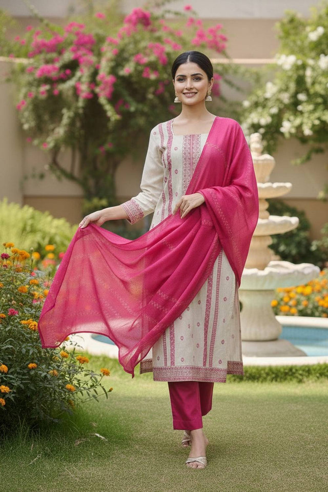Off White Embroidered Jacquard Kurti Pant Set (ACA6294)