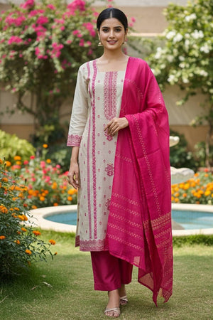 Off White Embroidered Jacquard Kurti Pant Set (ACA6294)