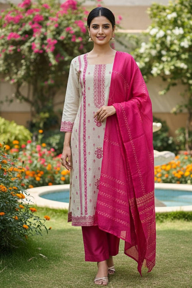 Off White Embroidered Jacquard Kurti Pant Set (ACA6294)