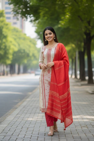 Off White Embroidered Jacquard Kurti Pant Set (ACA6295)