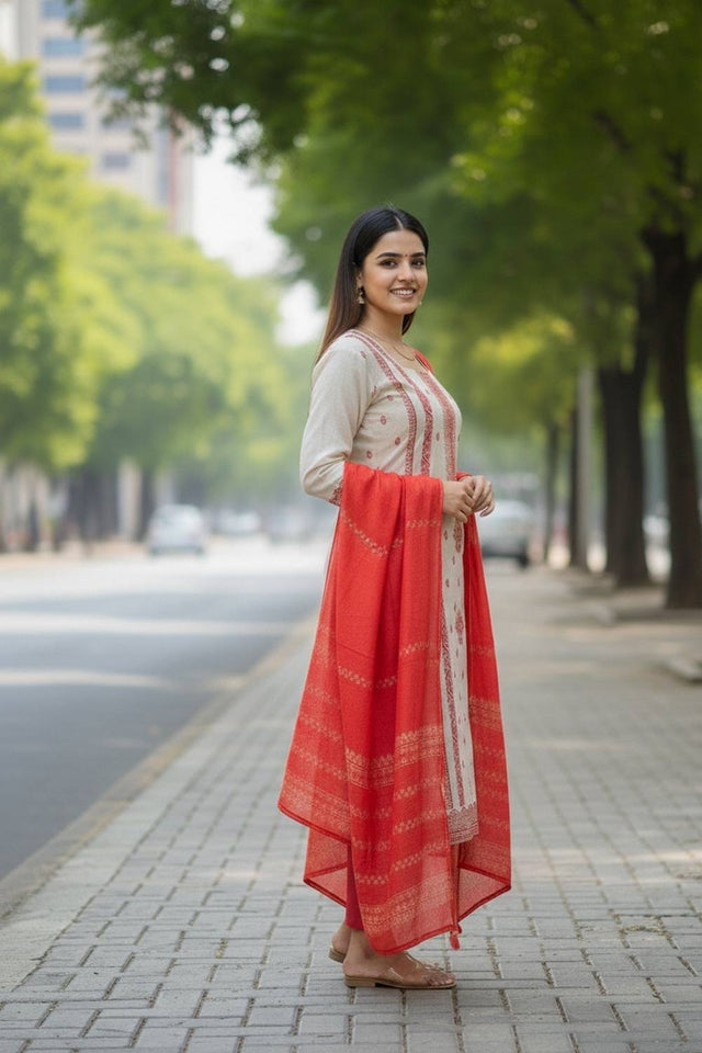 Off White Embroidered Jacquard Kurti Pant Set (ACA6295)