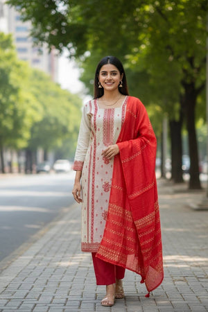 Off White Embroidered Jacquard Kurti Pant Set (ACA6295)