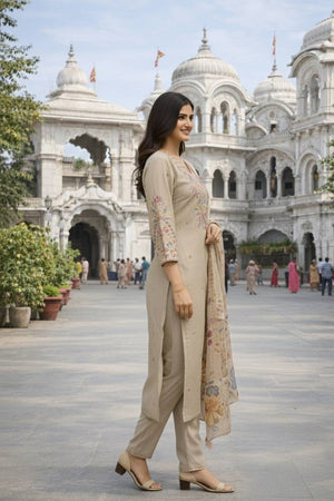 Beige Floral Embroidered Cotton Blend Kurti Pant Set (ACA6296)