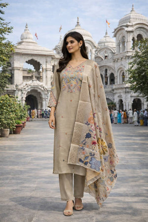 Beige Floral Embroidered Cotton Blend Kurti Pant Set (ACA6296)