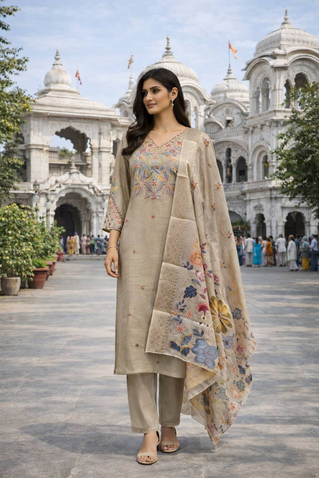 Beige Floral Embroidered Cotton Blend Kurti Pant Set (ACA6296)