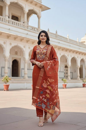 Orange Floral Embroidered Cotton Blend Kurti Pant Set (ACA6297)