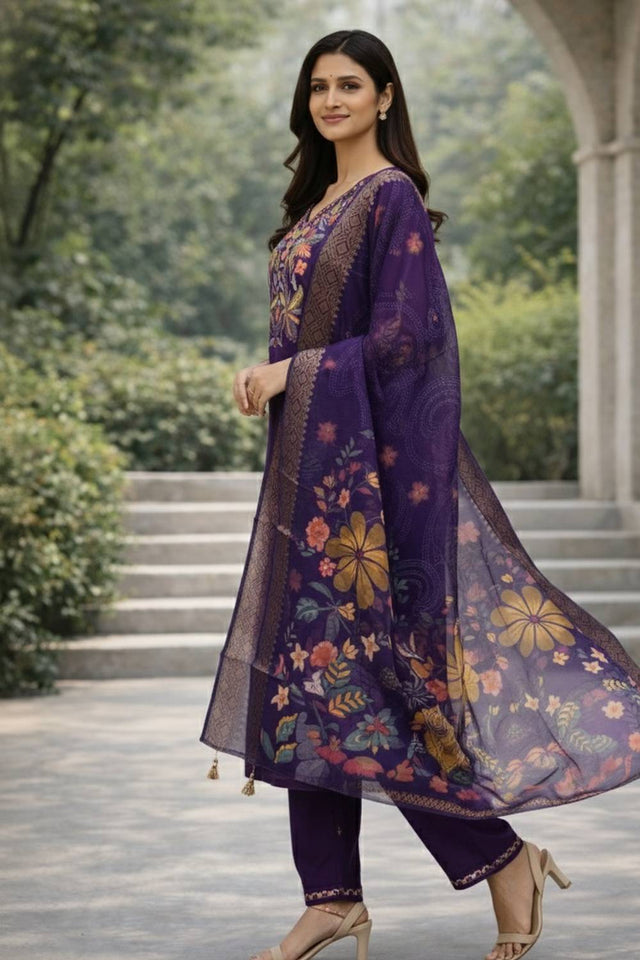 Purple Floral Embroidered Cotton Blend Kurti Pant Set (ACA6298)