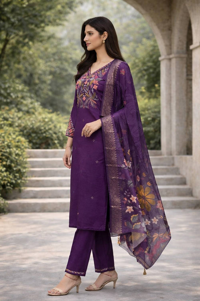 Purple Floral Embroidered Cotton Blend Kurti Pant Set (ACA6298)