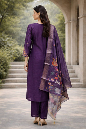 Purple Floral Embroidered Cotton Blend Kurti Pant Set (ACA6298)