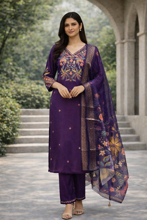 Purple Floral Embroidered Cotton Blend Kurti Pant Set (ACA6298)