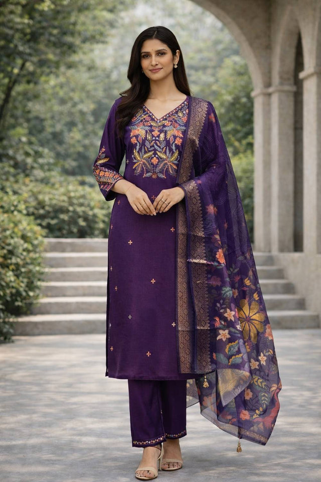 Purple Floral Embroidered Cotton Blend Kurti Pant Set (ACA6298)