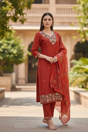 Orange Floral Embroidered Cotton Blend Kurti Pant Set (ACA6299)