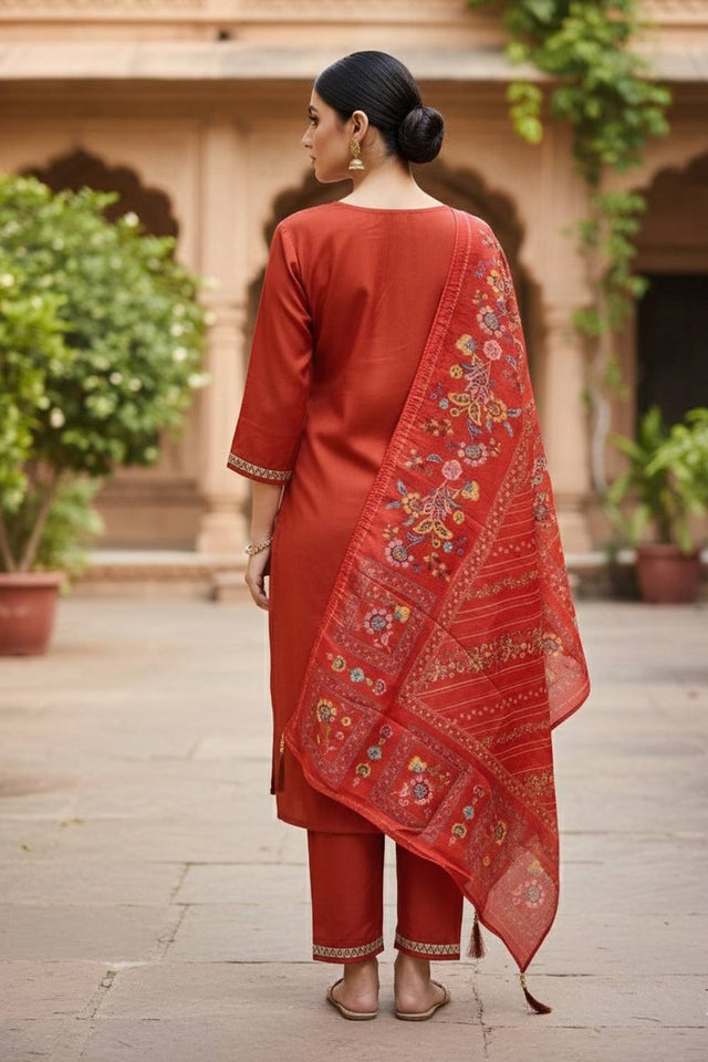 Orange Floral Embroidered Cotton Blend Kurti Pant Set (ACA6299)