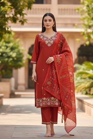 Orange Floral Embroidered Cotton Blend Kurti Pant Set (ACA6299)