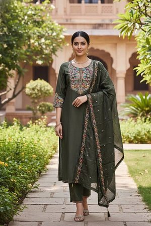 Mehendi Floral Embroidered Cotton Blend Kurti Pant Set (ACA6300)