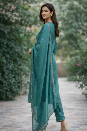 Teal Blue Floral Embroidered Cotton Blend Kurti Pant Set (ACA6301)