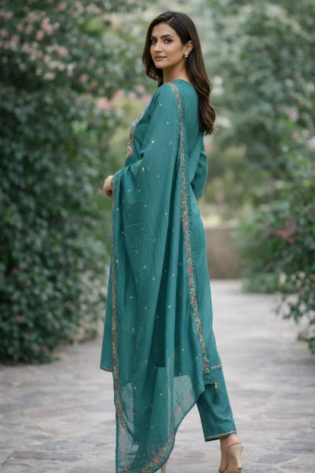 Teal Blue Floral Embroidered Cotton Blend Kurti Pant Set (ACA6301)