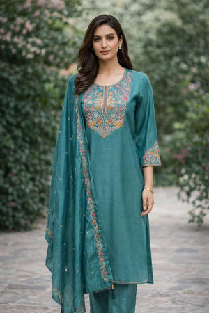 Teal Blue Floral Embroidered Cotton Blend Kurti Pant Set (ACA6301)