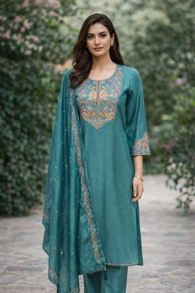 Teal Blue Floral Embroidered Cotton Blend Kurti Pant Set (ACA6301)