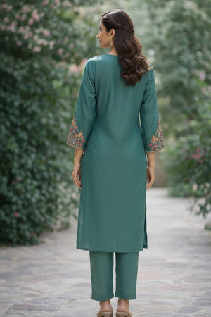 Teal Blue Floral Embroidered Cotton Blend Kurti Pant Set (ACA6301)