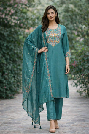 Teal Blue Floral Embroidered Cotton Blend Kurti Pant Set (ACA6301)