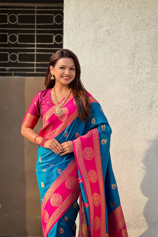 Turquoise Woven Silk Saree