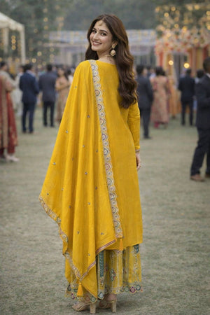 Free Size Stitched Yellow Floral Embroidered Chinon Palazzo Suits (ACA6397)