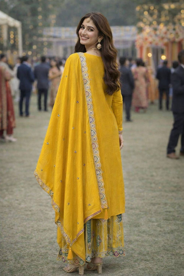 Free Size Stitched Yellow Floral Embroidered Chinon Palazzo Suits (ACA6397)