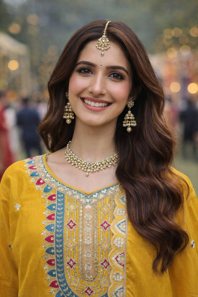 Free Size Stitched Yellow Floral Embroidered Chinon Palazzo Suits (ACA6397)