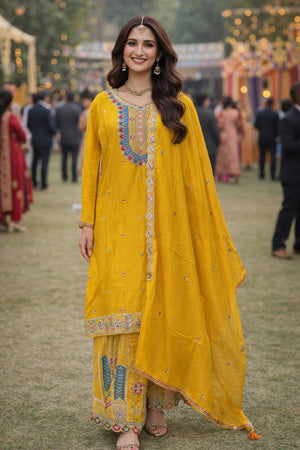 Free Size Stitched Yellow Floral Embroidered Chinon Palazzo Suits (ACA6397)